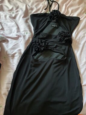 White Fox Boutique Black Strapless Dress with Rosette Details